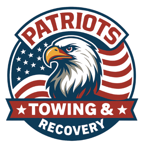 Patriots Towing and Recovery logo with bald eagle and American flag